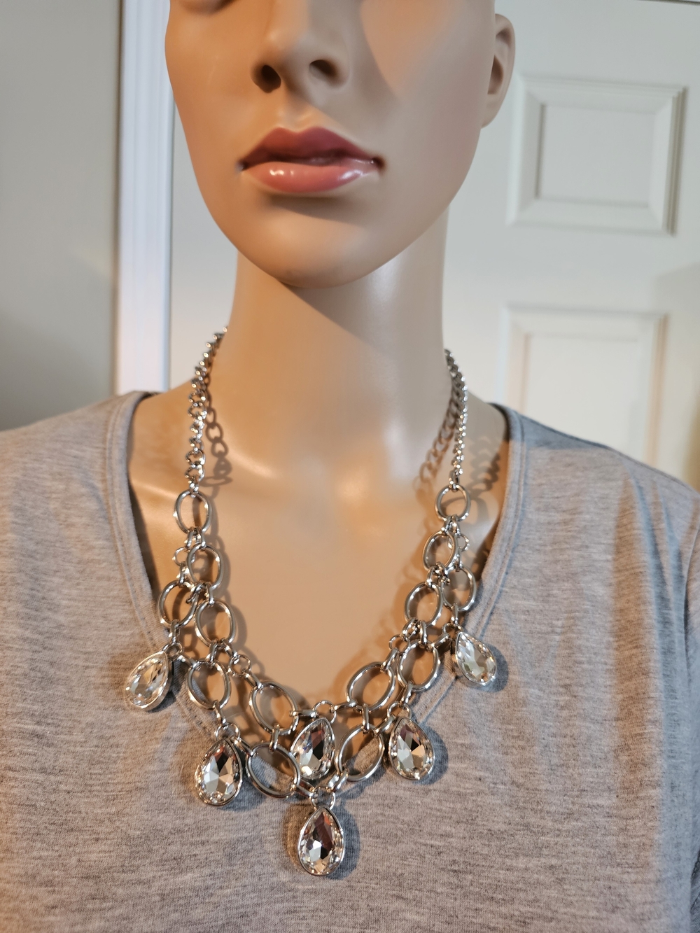 Silver Teardrop Crystal Statement Necklace - Women Jewelry